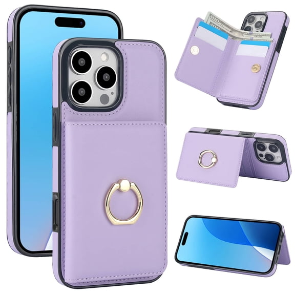 Wallet Case with Card Holder for iPhone 16 Pro, 360° Rotation Ring Kickstand Magnetic Clasp and Durable Shockproof Cover