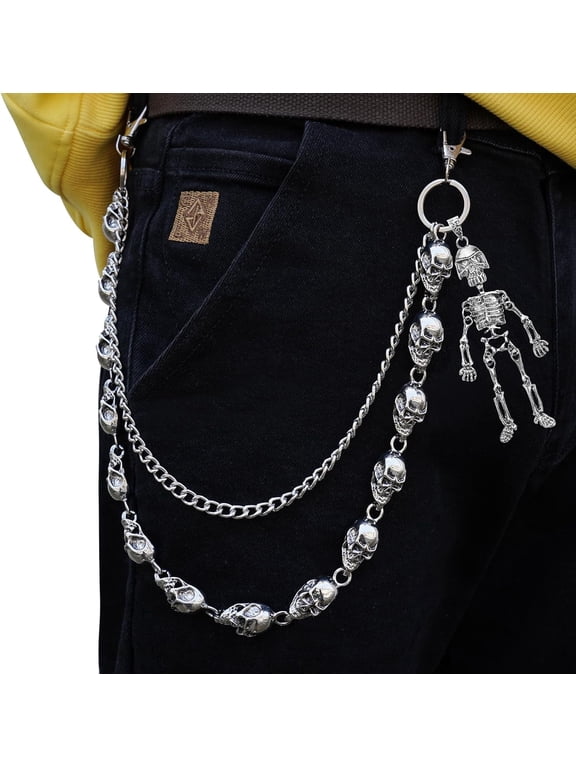 Wallet Chain for Men Women, Double Layer Punk Pants Chain with Skull Pendant, Jeans Pocket Chain Belt for Biker Gothic Hip Hop Accessories