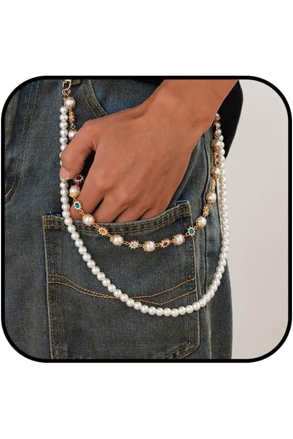 Wallet Chain for Men Women Pearl Pants Jeans Chain Pocket Wallet Purse Chain Belt Vintage Rhinestone Pearl Body Chain Pants Jewlery Accessories