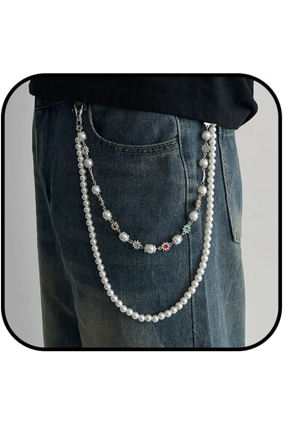 Wallet Chain for Men Women Pearl Pants Jeans Chain Pocket Wallet Purse Chain Belt Vintage Rhinestone Pearl Body Chain Pants Jewlery Accessories