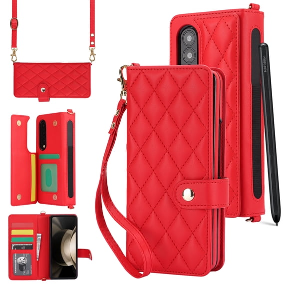 Wallet Compatible with Samsung Galaxy Z Fold 4 5G Case, All-Around Coverage Card Holder Premium Flip PU Leather Kickstand with Wrist Strap & Crossbody Strap & Pen Slot for Z Fold 4 - Red