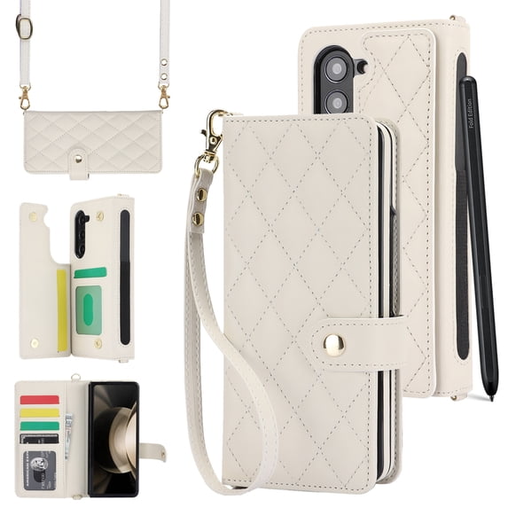 Wallet Compatible with Samsung Galaxy Z Fold 5 5G Case, All-Around Coverage Card Holder Premium Flip PU Leather Kickstand with Wrist Strap & Crossbody Strap & Pen Slot for Z Fold 5 - White