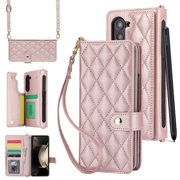 Wallet Compatible with Samsung Galaxy Z Fold 5 5G Case, All-Around Coverage Card Holder Premium Flip PU Leather Kickstand with Wrist Strap & Crossbody Strap & Pen Slot for Z Fold 5 - Rosegold