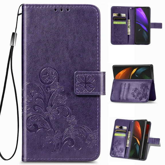 Wallet Cover for Galaxy Z Fold 4, Clover Embossed Magnetic Closure Premium PU Leather [Folio Flip][Kickstand][Card Slots][Wrist Strap][Kickstand]Phone Cover for Samsung Galaxy Z Fold4 5G, Purple