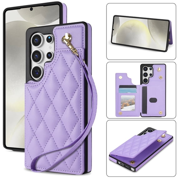 Wallet Cover for Samsung Galaxy S23 Ultra with Detachable Wrist Strap, Credit Card Slots Holder Magnetic Snap Back PU Leather Kickstand Phone Case for Samsung Galaxy S23 Ultra Girls Women, Purple