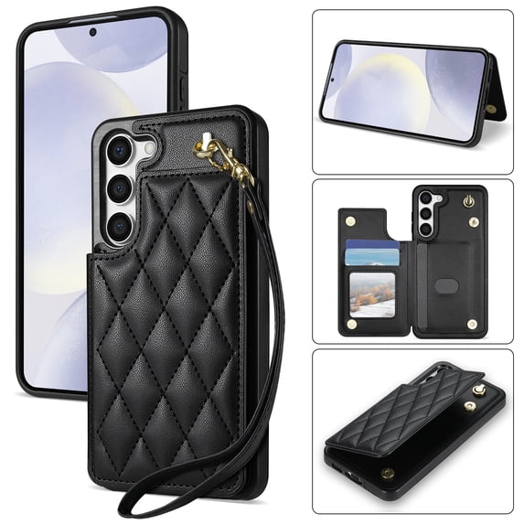 Wallet Cover for Samsung Galaxy S23, with Wrist Strap Card Holder Magnetic Snap Back PU Leather Credit Card Slots Stand Classic Phone Case Cover for Samsung Galaxy S23, Black