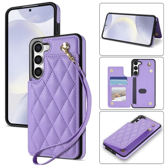 Wallet Cover for Samsung Galaxy S23, with Wrist Strap Card Holder Magnetic Snap Back PU Leather Credit Card Slots Stand Classic Phone Case Cover for Samsung Galaxy S23, Purple