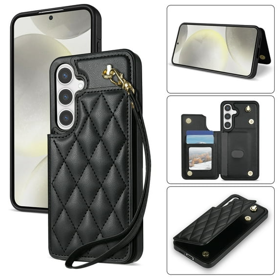 Wallet Cover for Samsung Galaxy S24 FE, with Wrist Strap Card Holder Magnetic Snap Back PU Leather Credit Card Slots Stand Classic Phone Case Cover for Samsung Galaxy S24 FE, Black