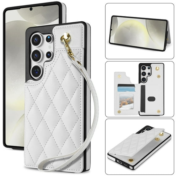 Wallet Cover for Samsung Galaxy S24 Ultra, with Wrist Strap Card Holder Magnetic Snap Back PU Leather Credit Card Slots Stand Classic Phone Case Cover for Samsung Galaxy S24 Ultra, White
