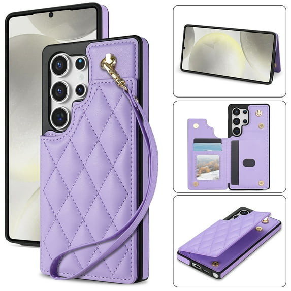 Wallet Cover for Samsung Galaxy S24 Ultra, with Wrist Strap Card Holder Magnetic Snap Back PU Leather Credit Card Slots Stand Classic Phone Case Cover for Samsung Galaxy S24 Ultra, Purple