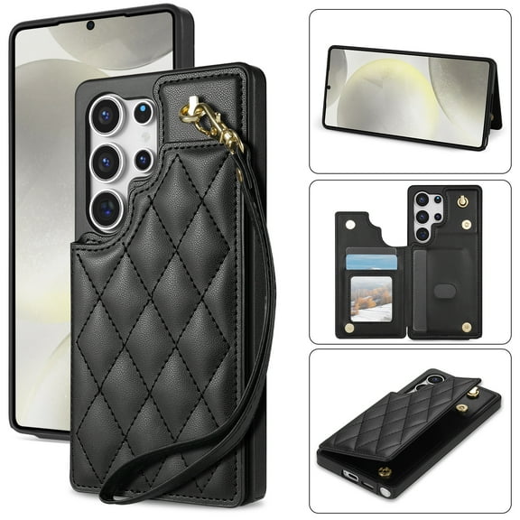 Wallet Cover for Samsung Galaxy S25 Ultra with Detachable Wrist Strap, Credit Card Slots Holder Magnetic Snap Back PU Leather Kickstand Phone Case for Samsung Galaxy S25 Ultra Girls Women, Black