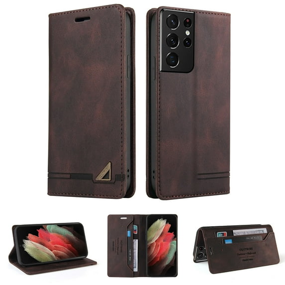 Wallet Cover for Samsung S21 Ultra Case, Credit Card Slot Stand Slim Premium PU Leather & Soft TPU Back Shockproof Flip Folio Book Magnetic Cover For Samsung Galaxy S21 Ultra,Brown