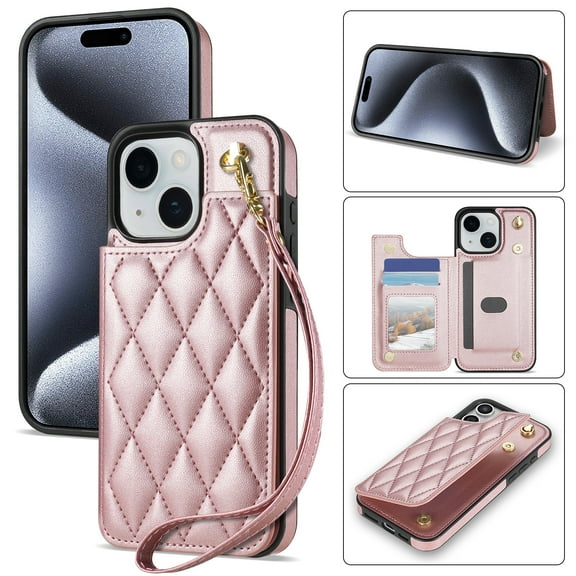 Wallet Cover for iPhone 14, with Wrist Strap Card Holder Magnetic Snap Back PU Leather Credit Card Slots Stand Classic Phone Case Cover for iPhone 14, Rosegold
