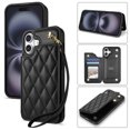 thumbnail image 1 of Wallet Cover for iPhone 16 with Detachable Wrist Strap, Credit Card Slots Holder Magnetic Snap Back PU Leather Kickstand Phone Case for iPhone 16 Girls Women, Black, 1 of 1