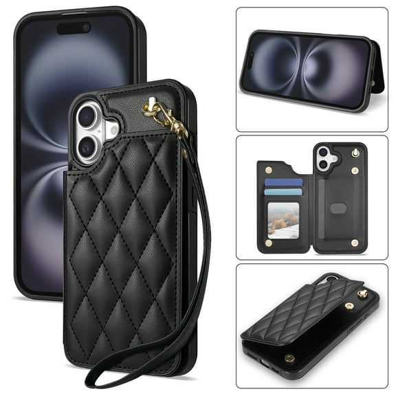 Wallet Cover for iPhone 16 with Detachable Wrist Strap, Credit Card Slots Holder Magnetic Snap Back PU Leather Kickstand Phone Case for iPhone 16 Girls Women, Black