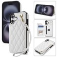 thumbnail image 1 of Wallet Cover for iPhone 16 Plus with Detachable Wrist Strap, Credit Card Slots Holder Magnetic Snap Back PU Leather Kickstand Phone Case for iPhone 16 Plus Girls Women, White, 1 of 8