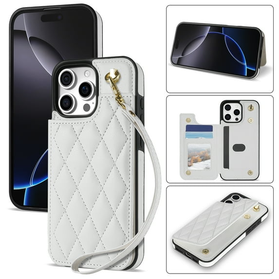 Wallet Cover for iPhone 16 Pro Max with Detachable Wrist Strap, Credit Card Slots Holder Magnetic Snap Back PU Leather Kickstand Phone Case for iPhone 16 Pro Max Girls Women, White