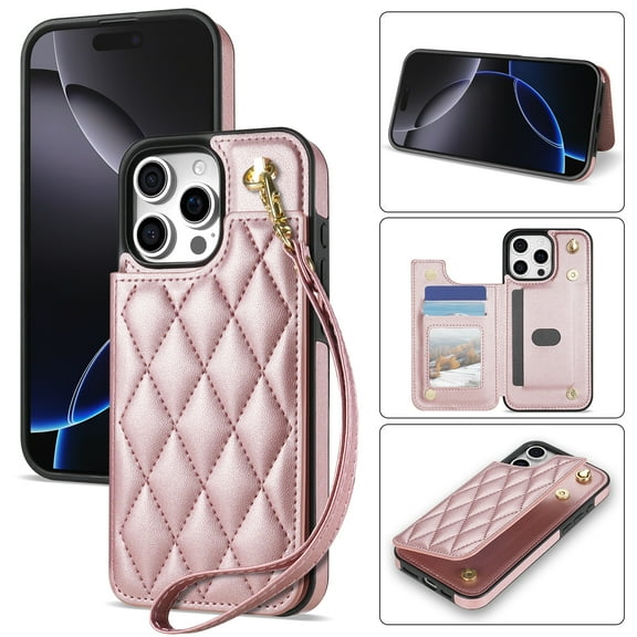 Wallet Cover for iPhone 16 Pro Max, with Wrist Strap Card Holder Magnetic Snap Back PU Leather Credit Card Slots Stand Classic Phone Case Cover for iPhone 16 Pro Max, Rosegold
