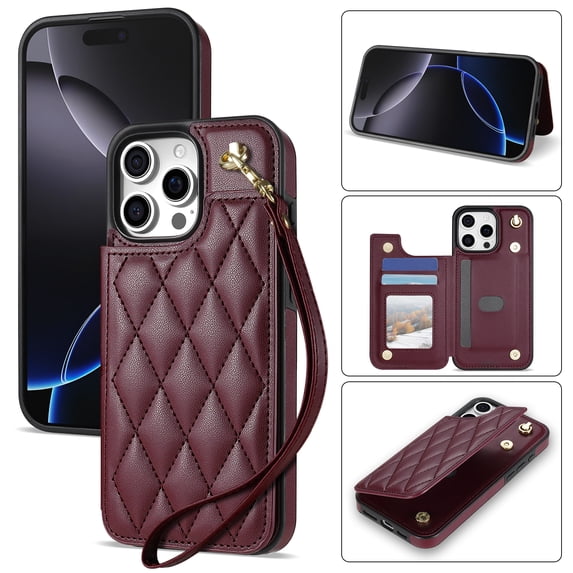 Wallet Cover for iPhone 16 Pro Max, with Wrist Strap Card Holder Magnetic Snap Back PU Leather Credit Card Slots Stand Classic Phone Case Cover for iPhone 16 Pro Max, Winered