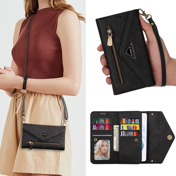 Wallet Crossbody Case for Samsung Galaxy S24 with Large Capacity Credit Card Holders Zipper Purse Detachable Crossbody Strap Wrist Strap Full Protection Case for Samsung S24,Black