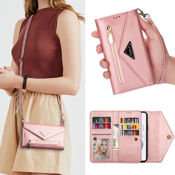 Wallet Crossbody Case for Samsung Galaxy S24 with Large Capacity Credit Card Holders Zipper Purse Detachable Crossbody Strap Wrist Strap Full Protection Case for Samsung S24,Rosegold