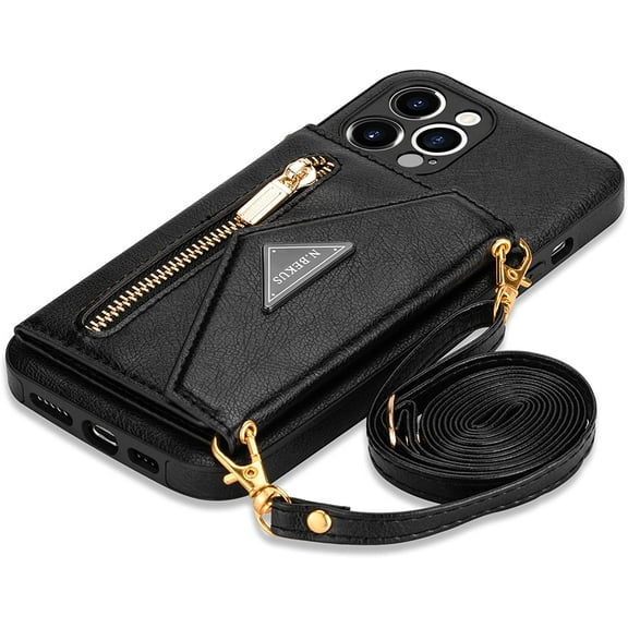 Wallet Crossbody for iPhone 13 Pro Max Phone Case with Lanyard Strap Credit Card Holder 6.7'', PU Leather Protective Handbag Zipper Purse Kickstand Cover Women Girl (Black)