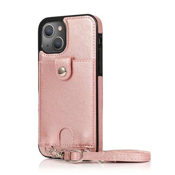 Wallet Crossbody for iPhone 14 6.1" 2022 Case with Lanyard Strap, Allytech PU Leather Protective Handbag Card Holder Kickstand Detachable Shoulder Strap Cover Women Men, Rosegold