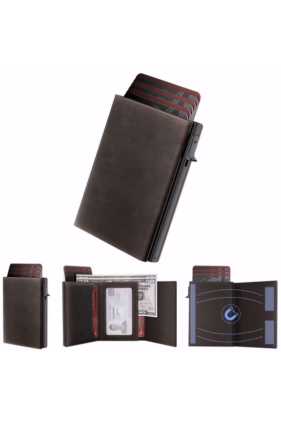 Wallet For Men Card Holder: Pop Up Case  Rfid Blocking Genuine Leather Slim Minimalist Front Pocket - 14 Capacity | Id Window Slot (brown)