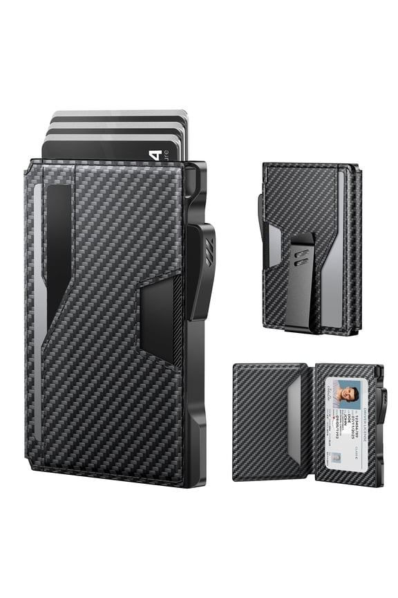Wallet For Men: Rfid-blocking With Money Clip Slim Leather Bifold Id Window Smart Pop Up Card Case Front Pocket Gift Box (carbon Fiber Black)