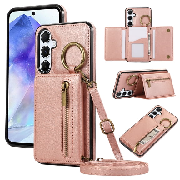 Wallet Function Case for Samsung Galaxy S24 Plus with Shoulder Strap & Card Slot Holder & Ring Buckle & Magnetic Clasp, Premium PU Leather Flip Folio Zipper Purse Women Girls Phone Case, Rosegold