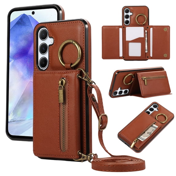 Wallet Function Case for Samsung Galaxy S24 with Shoulder Strap & Card Slot Holder & Ring Buckle & Magnetic Clasp, Premium PU Leather Flip Folio Zipper Purse Women Girls Phone Case, Coffee