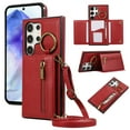 thumbnail image 1 of Wallet Function Case for Samsung Galaxy S24 Ultra with Shoulder Strap & Card Slot Holder & Ring Buckle & Magnetic Clasp, Premium PU Leather Flip Folio Zipper Purse Women Girls Phone Case, Red, 1 of 10