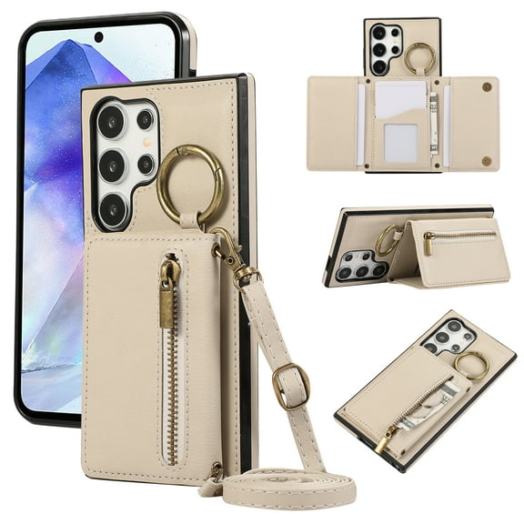 Wallet Function Case for Samsung Galaxy S24 Ultra with Shoulder Strap & Card Slot Holder & Ring Buckle & Magnetic Clasp, Premium PU Leather Flip Folio Zipper Purse Women Girls Phone Case, Beige