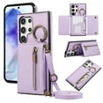thumbnail image 1 of Wallet Function Case for Samsung Galaxy S24 Ultra with Shoulder Strap & Card Slot Holder & Ring Buckle & Magnetic Clasp, Premium PU Leather Flip Folio Zipper Purse Women Girls Phone Case, Purple, 1 of 10