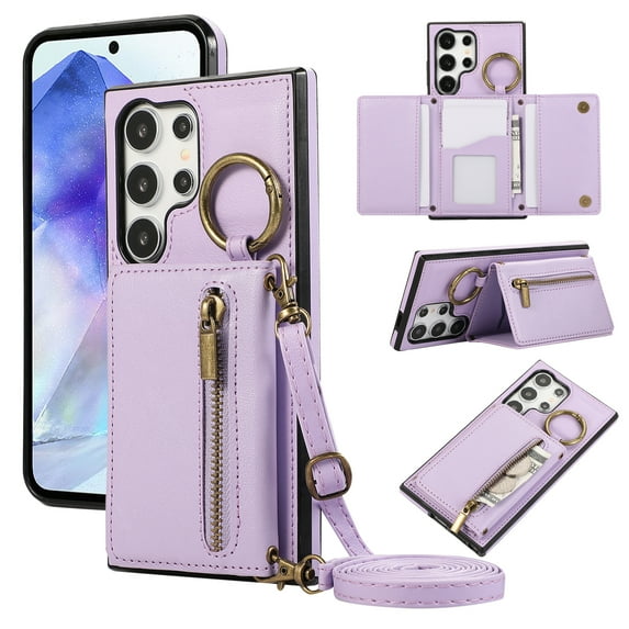 Wallet Function Case for Samsung Galaxy S24 Ultra with Shoulder Strap & Card Slot Holder & Ring Buckle & Magnetic Clasp, Premium PU Leather Flip Folio Zipper Purse Women Girls Phone Case, Purple
