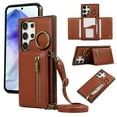 thumbnail image 1 of Wallet Function Case for Samsung Galaxy S24 Ultra with Shoulder Strap & Card Slot Holder & Ring Buckle & Magnetic Clasp, Premium PU Leather Flip Folio Zipper Purse Women Girls Phone Case, Coffee, 1 of 10