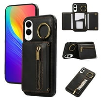 Wallet Function Case for Samsung Galaxy S25 Edge with Shoulder Strap, Elegant Card Holder Ring Stand Flip Zipper PU Leather Card Slots Phone Case Cover Women Girls for Galaxy S25 Edge, Black