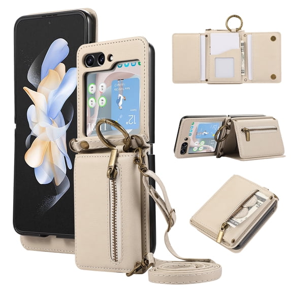 Wallet Function Case for Samsung Galaxy Z Flip 6 with Shoulder Strap & Card Slot Holder & Ring Buckle & Magnetic Clasp, Premium PU Leather Flip Folio Zipper Purse Women Girls Phone Case, Beige