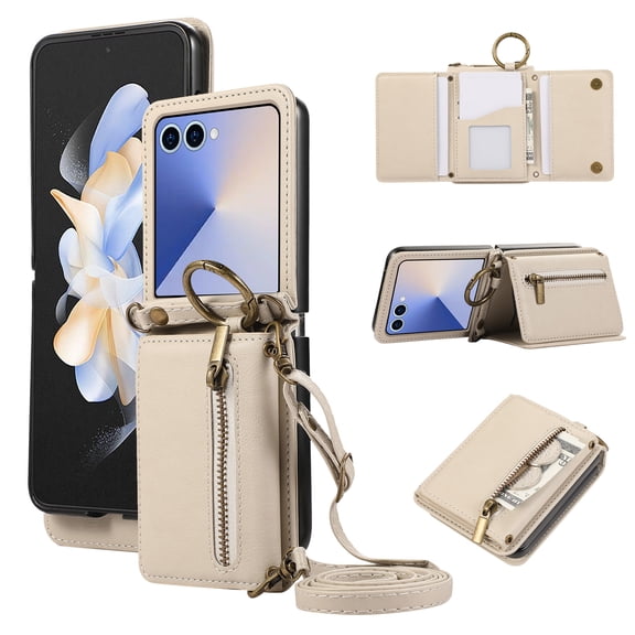 Wallet Function Case for Samsung Galaxy Z Flip 7 with Shoulder Strap, Elegant Card Holder Ring Stand Flip Zipper PU Leather Card Slots Phone Case Cover Women Girls for Galaxy Z Flip 7, Beige
