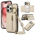 thumbnail image 1 of Wallet Function Case for iPhone 12/12 Pro with Shoulder Strap, Elegant Card Holder Ring Stand Flip Zipper PU Leather Card Slots Phone Case Cover Women Girls for iPhone 12/12 Pro, Beige, 1 of 10