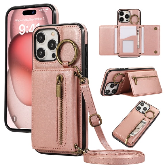 Wallet Function Case for iPhone 12 Pro Max with Shoulder Strap & Card Slot Holder & Ring Buckle & Magnetic Clasp, Premium PU Leather Flip Folio Zipper Purse Women Girls Phone Case, Rosegold