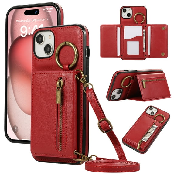 Wallet Function Case for iPhone 13 with Shoulder Strap & Card Slot Holder & Ring Buckle & Magnetic Clasp, Premium PU Leather Flip Folio Zipper Purse Women Girls Phone Case, Red