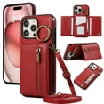 thumbnail image 1 of Wallet Function Case for iPhone 16 Pro with Shoulder Strap & Card Slot Holder & Ring Buckle & Magnetic Clasp, Premium PU Leather Flip Folio Zipper Purse Women Girls Phone Case, Red, 1 of 10