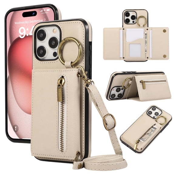 Wallet Function Case for iPhone 16 Pro with Shoulder Strap, Elegant Card Holder Ring Stand Flip Zipper PU Leather Card Slots Phone Case Cover Women Girls for iPhone 16 Pro, Beige