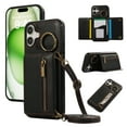 thumbnail image 1 of Wallet Function Case for iPhone 16 with Shoulder Strap & Card Slot Holder & Ring Buckle & Magnetic Clasp, Premium PU Leather Flip Folio Zipper Purse Women Girls Phone Case, Black, 1 of 10
