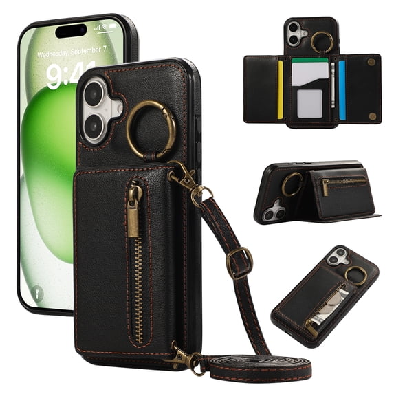 Wallet Function Case for iPhone 16 with Shoulder Strap, Elegant Card Holder Ring Stand Flip Zipper PU Leather Card Slots Phone Case Cover Women Girls for iPhone 16, Black