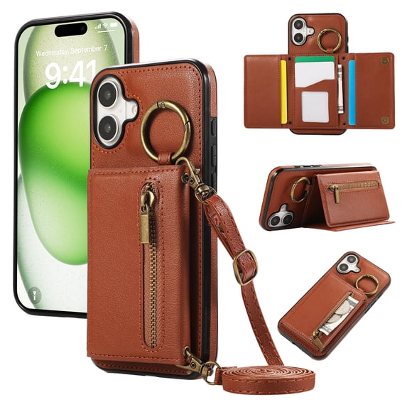 Wallet Function Case for iPhone 16 with Shoulder Strap, Elegant Card Holder Ring Stand Flip Zipper PU Leather Card Slots Phone Case Cover Women Girls for iPhone 16, Coffee