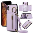 thumbnail image 1 of Wallet Function Case for iPhone XR with Shoulder Strap & Card Slot Holder & Ring Buckle & Magnetic Clasp, Premium PU Leather Flip Folio Zipper Purse Women Girls Phone Case, Purple, 1 of 10