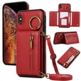 thumbnail image 1 of Wallet Function Case for iPhone XR with Shoulder Strap & Card Slot Holder & Ring Buckle & Magnetic Clasp, Premium PU Leather Flip Folio Zipper Purse Women Girls Phone Case, Red, 1 of 10