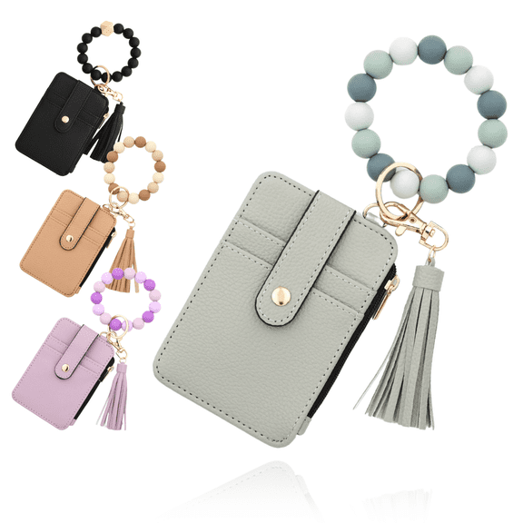 Wallet Keychain Wristlet for Women Boho Beaded Tassel Wristlet Keychain Bracelet Wallet Slim Credit Key Card Holder Purse